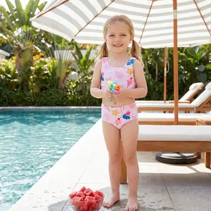 2Pcs Toddler Girl Swimwear Set Sleeveless Crew Neck Reversible Seashell Floral Print Tops Bikini Bottoms Bathing Suit