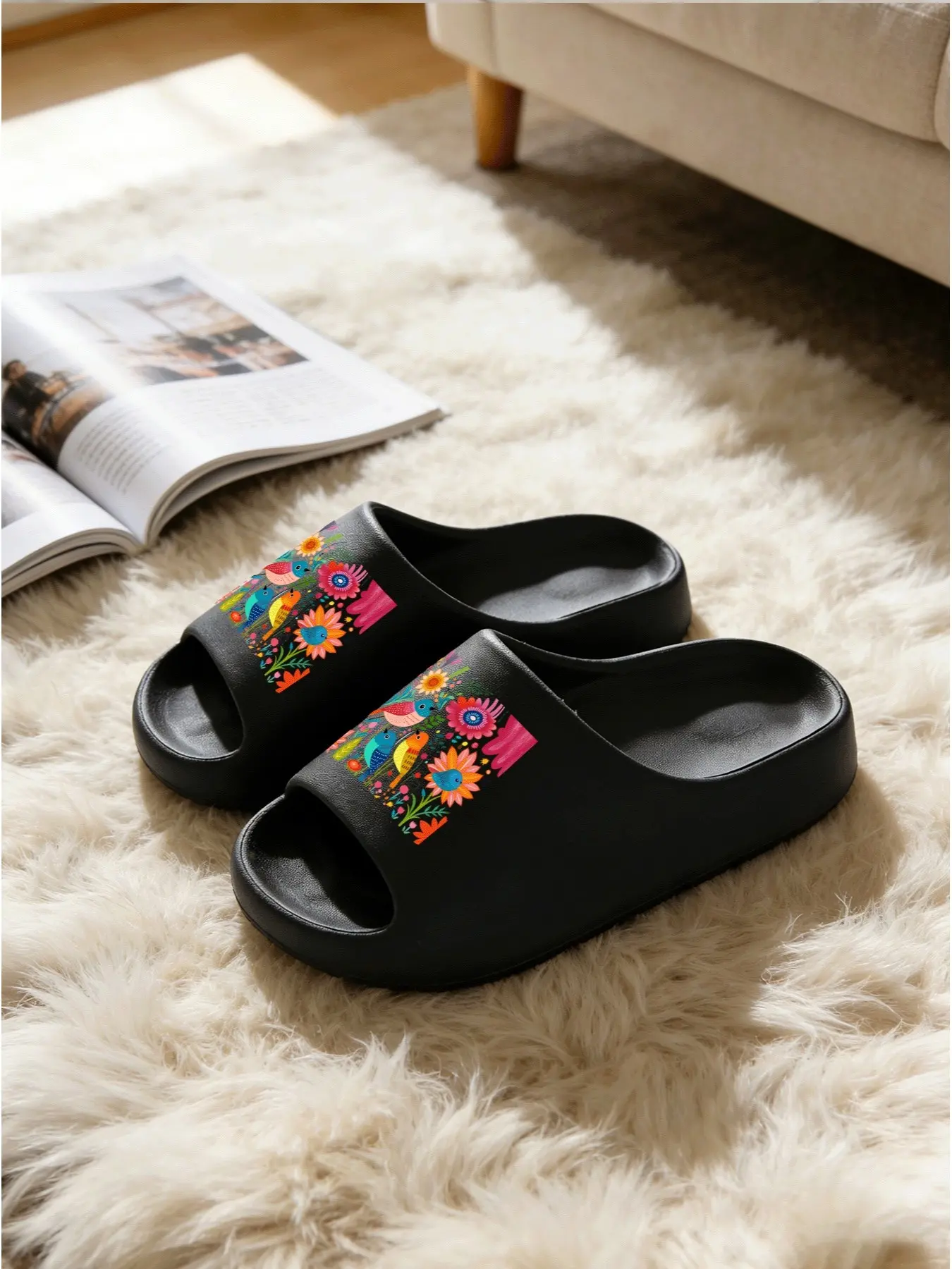 Mexican Style Floral Print Eva Sandals, Casual Medium Width Home Slippers, All Seasons Comfortable Footwear, Unique Ethnic Design