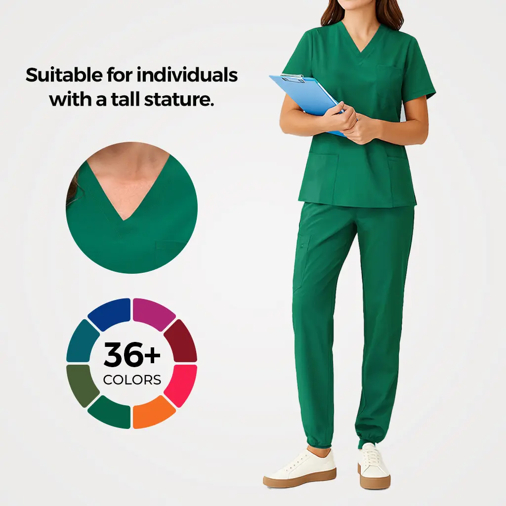 COZYSCRUBS Women's 2-Piece Luna Vital Extended-Length Scrub Set for Tall Women - Stretch V-Neck Top, Jogger Pants with 8 Pockets, Super Soft Stretch Fabric, Minimalist Workwear Uniforms