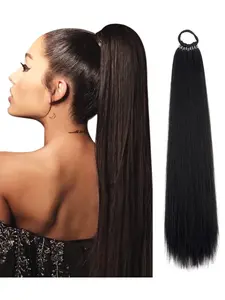 Long Straight Hair Tail Extensions, Elastic Band, Artificial Hair Bundle 22 Inches, DIY Braids, Natural Color, Women Daily Use