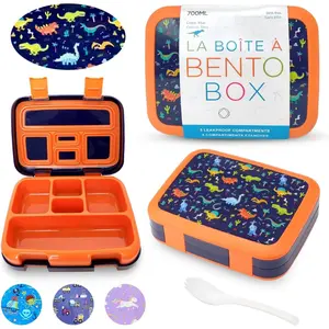 Dinosaur Bento Lunch Box for  , 5 Portion Sections Secure Lid, Microwave Safe BPA Free Removable Plastic Tray,    Lunches Snack Container Ages 3 to 7 Blue Orange