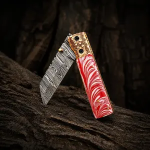 Premium Hand-Forged Damascus Folding Utility Knife with Brass Engraved Handle – 512 Layers Compact Tool with Leather Sheath