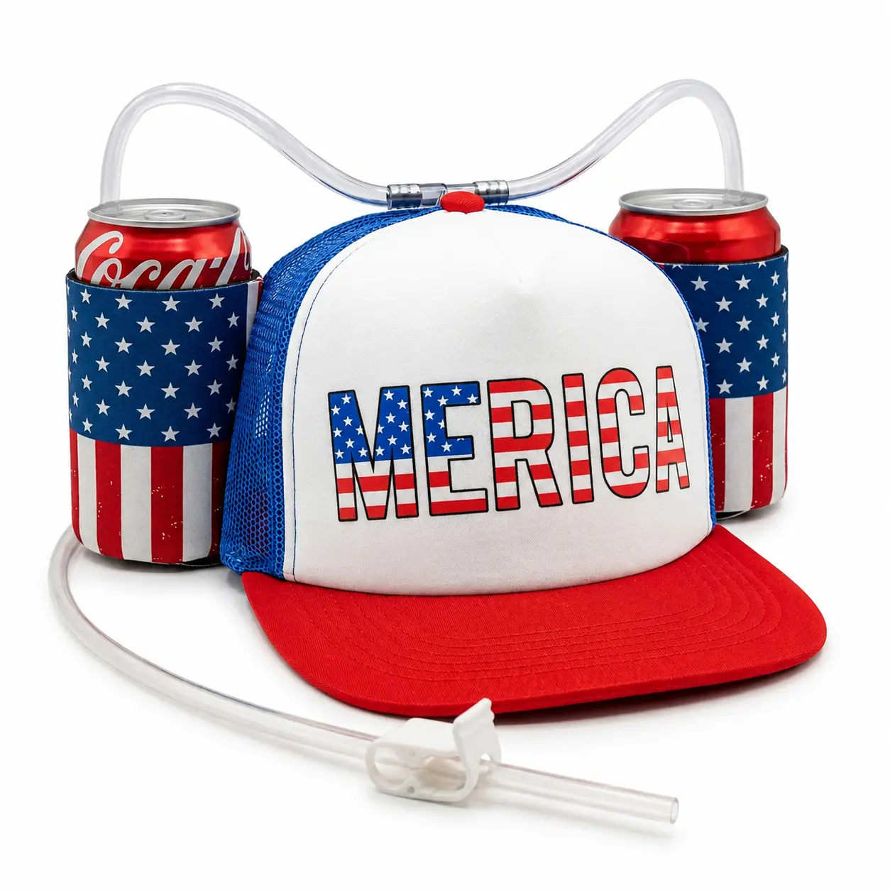 HandinHandCreations USA Cap - 4th of July Patriotic All American Party Accessory, Adjustable Cup Holder with Straw for Sips, Drink Covers, Snap Closure, Beer Holder Party Hats for All Ages, Costume