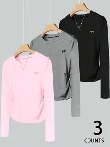 Women's Long Sleeve T-Shirt Simple Bow Print 3 Pack Casual Daily Wear All Seasons Versatile Bottoms Gift Choice Fresh Campus City Street Style