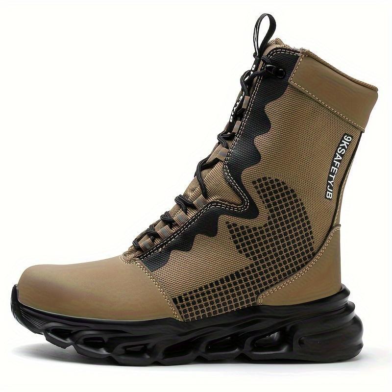 1 Pair of Men'S Tactical Combat Boots, Steel Toe Work Shoes, Anti-Puncture Safety Shoes, Windproof Abrasion-Resistant, High-Top Lace-Up, Fabric Upper, Faux Sole, Universal Fit
