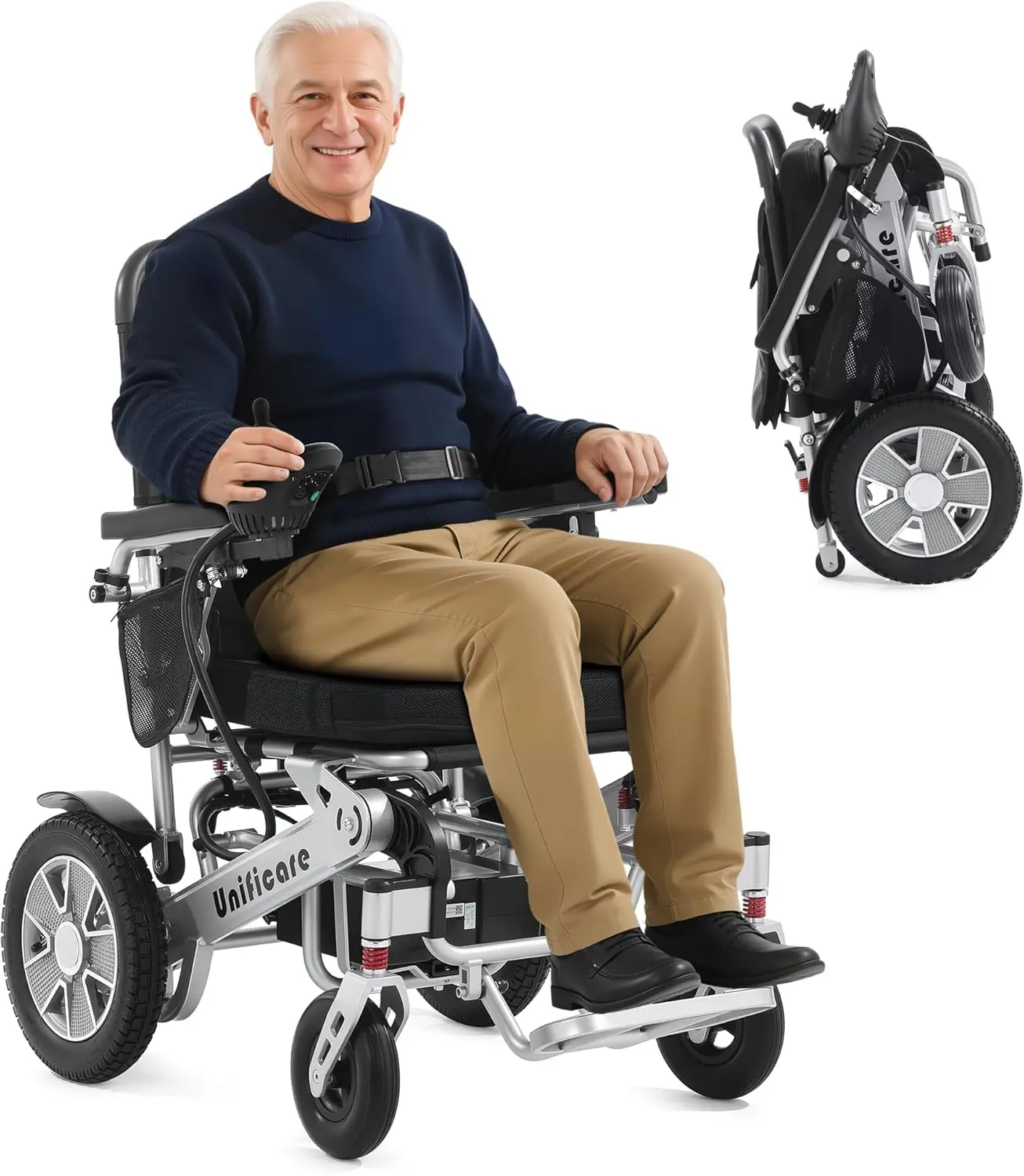 Unificare Foldable Battery-Powered Electric Wheelchair for Adults - Healthcare Equipment, Button-Operated, Foam-Equipped, 3.7 MPH Max Speed, 5-Speed Adjustable, Smooth Start, Auto Brake, 300 lbs Capacity, USB Dual-Use Charging Ports Travel Mobility Aid