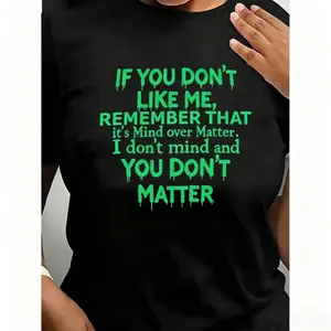 Women's Plus Size Mind Over Matter T-Shirt - Bold Statement Casual Round Neck Top with Bold Text Print, Short Sleeve Casual Attire, Spring Summer Outfits