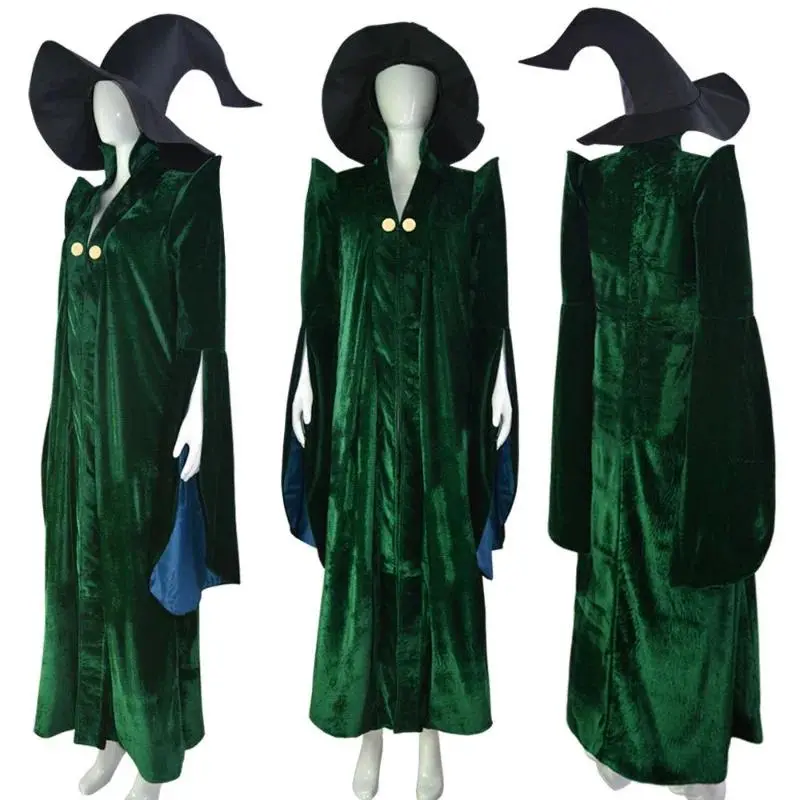 Mileva McGonagall Costume Cosplay Witchcraft Wizardry Professor Costumes Velvet Green Cloak Halloween Carnival Costume Women