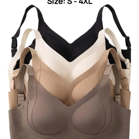 4-Pack Seamless Ribbed Bras for Women, Wirefree Jelly Support Full Coverage Bralette, Plus Size Comfort Everyday Sleep Bra (S-4XL)