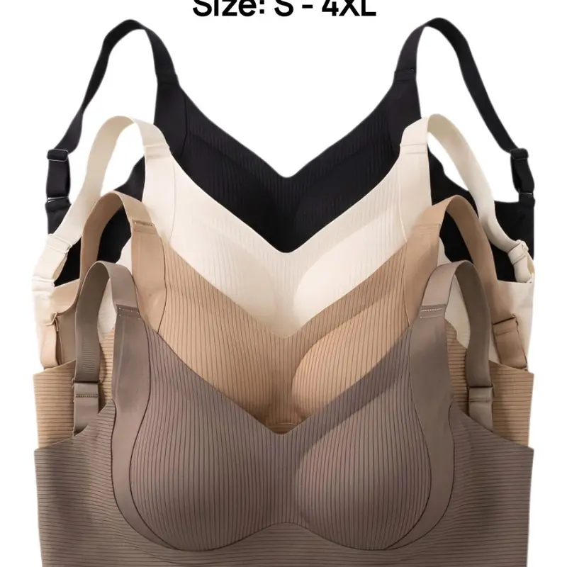 4-Pack Seamless Ribbed Bras for Women, Wirefree Jelly Support Full Coverage Bralette, Plus Size Comfort Everyday Sleep Bra (S-4XL)