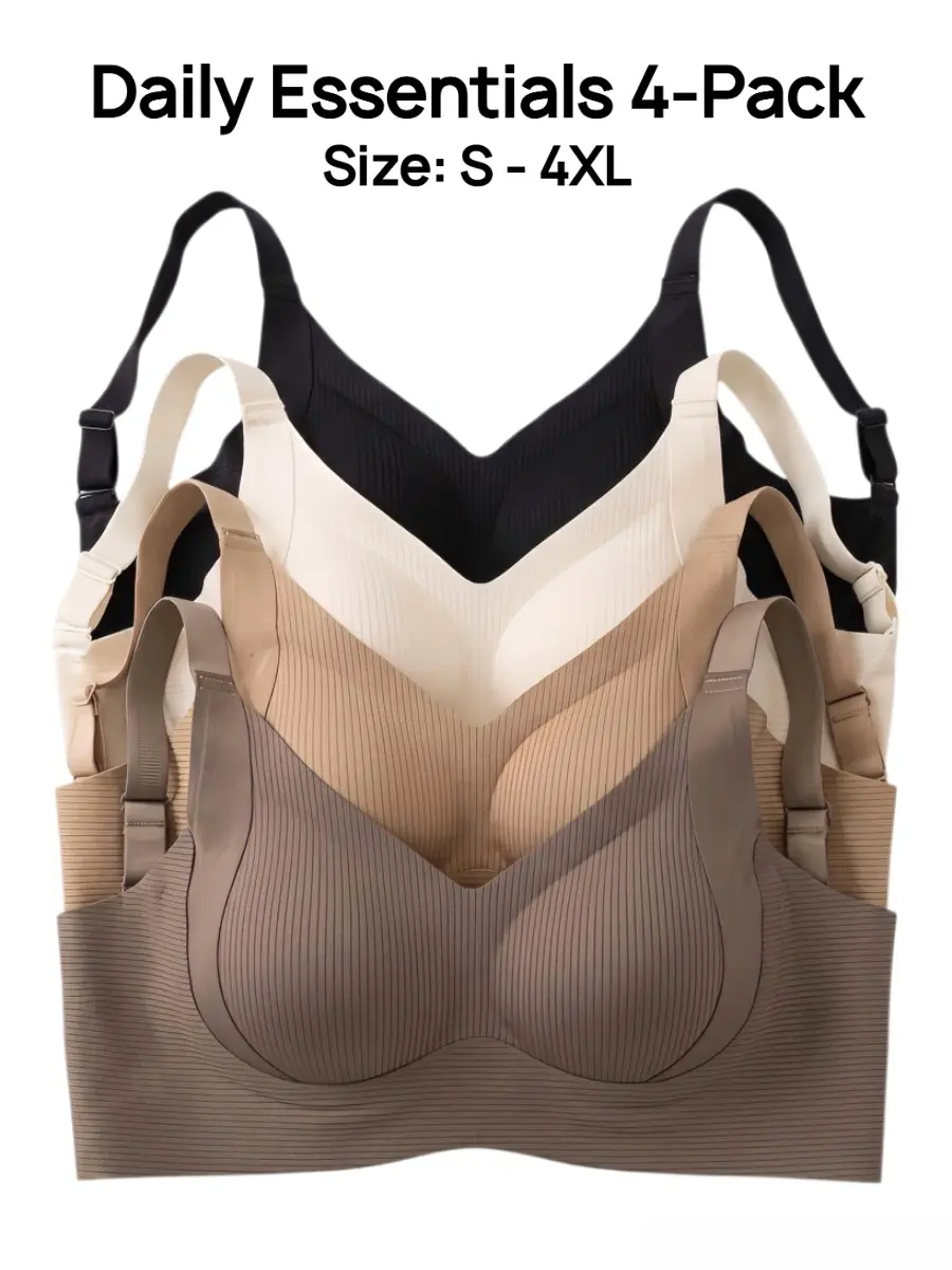 4-Pack Seamless Ribbed Bras for Women, Wirefree Jelly Support Full Coverage Bralette, Plus Size Comfort Everyday Sleep Bra (S-4XL)