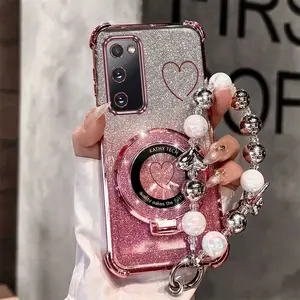 S20FE Popular Series Fashion Strap Lanyard Phone Holder Case For Compatible With Samsung Galaxy S20 FE PC Cover and Shockproof Lovely Heart Pattern Decorative Phone Protector Cases