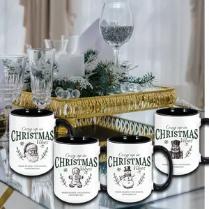Christmas Mug Set - Cute Holiday Mugs with Santa Gingerbread Snowman Nutcracker Designs 11 oz or 15 oz Cozy Up in Christmas Vibes
