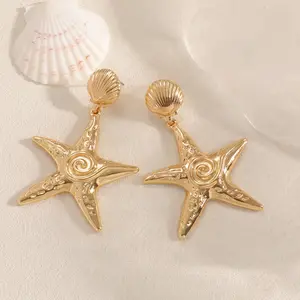 Starfish Shell Earrings Exaggerated Gold Plated Drop Earring Earrings Beach Vacation Starfish Seashell Beachy Jewelry