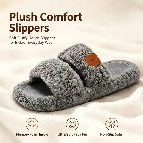 Women's Double-Strap Fluffy Faux Fur Open-Toe Slide House Slippers - Memory Foam, Non-Slip, Fleece & TPR Warm Indoor Home Shoes for Sports & Outdoor Casual Use