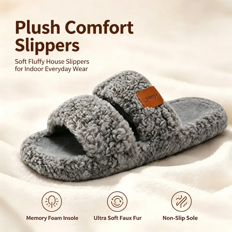 Women's Double-Strap Fluffy Faux Fur Open-Toe Slide House Slippers - Memory Foam, Non-Slip, Fleece & TPR Warm Indoor Home Shoes for Sports & Outdoor Casual Use