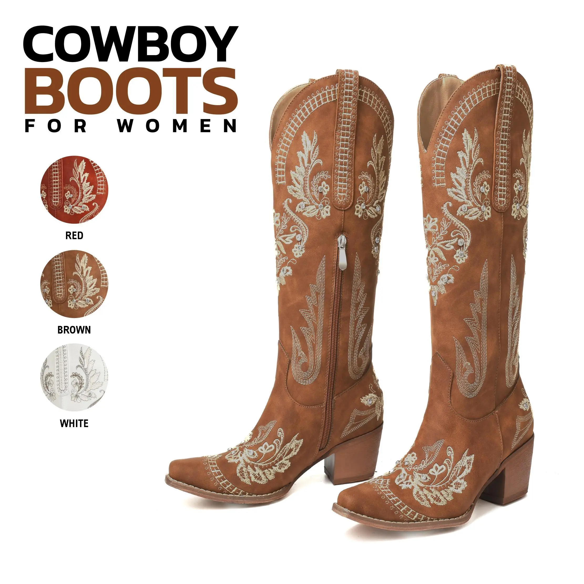 Cowboy Boots For Womens Knee High Snip Toe Chunky Heel Side Zipper Embroidered Festival Country Wedding Casual Outing Dance Cowgirl Spring Elegant Western Fashion Comfortable Trendy Vintage Boots Summerwins