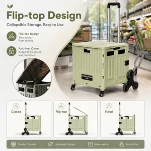 Folding Utility Cart Portable Rolling Crate Handcart, Shopping Trolley Collapsible Tool Box, with Lid, Basket on 4 Rotate Wheels, Foldable Design for Convenient Storage,Outdoor Camping Cart,Utility Wagon Cart,for Grocery, Office, Luggage, camping