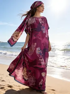 1dress+1scarf Viral Purple Floral Print Satin Kaftan Maxi Dress with Matching Scarf – Silky Loose Fit, Plus Size Friendly, Luxury Loungewear, Beach Cover Up & Evening Party Wear, Must-Have Resort Fashion Piece