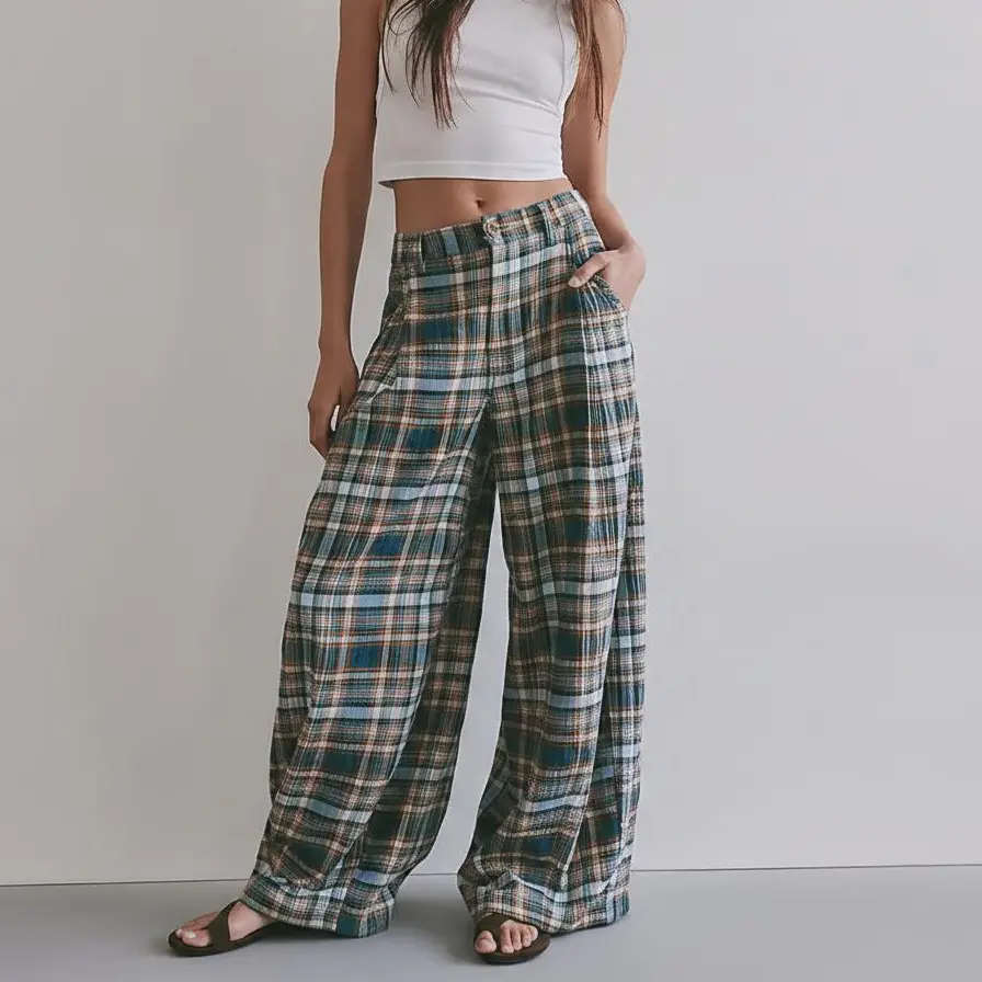 Women Vintage Plaid Palazzo Pants High Waist Pleated Wide Leg Trousers Loose Flowy Casual Beach Vacation Pants with Side Pockets