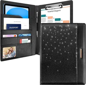 Glitter Padfolio/Resume Portfolio Folder for Women Men,  Cute Chic Padfolio Cover Folder, Conference/Legal Document Organizer with Letter/A4 Size Clipboard, Document Sleeve, Black