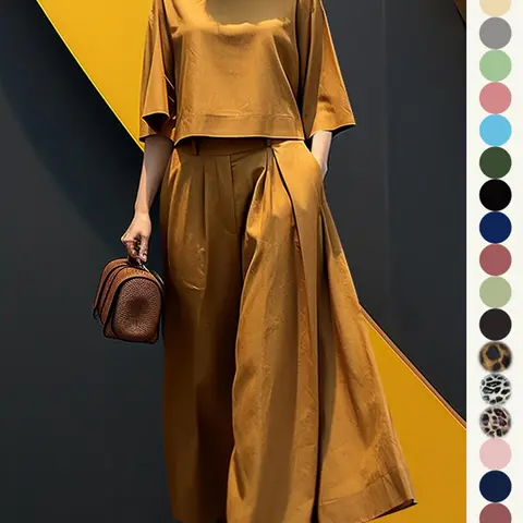 Women's Top & Wide Leg Pants Two-piece Set, Fashion Clothing Set, Casual Fashion Minimalist Cozy Three Quarter Length Sleeve Top & Trousers for Daily Outdoor Wear, Ladies Clothes for All Seasons, Womenswear, Suit, Loose