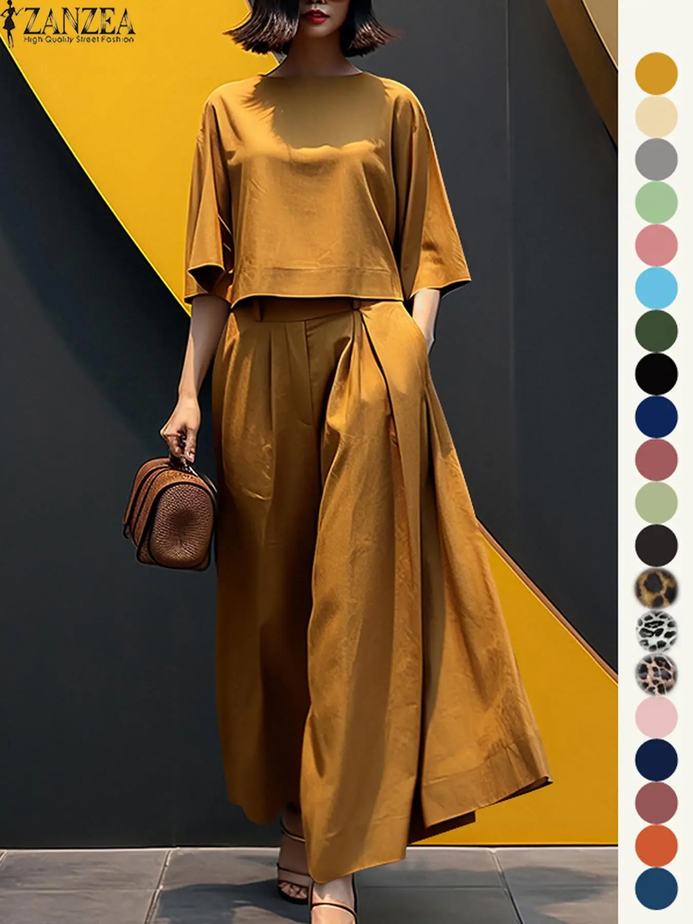 Women's Top & Wide Leg Pants Two-piece Set, Casual Fashion Cozy Three Quarter Length Sleeve Top & Trousers for Daily Outdoor Wear, Ladies Clothes for