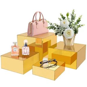 4PCS Food Risers for Buffet Table Gold, Gold Mirrored Risers Display Stands, Cube Display Stands Box Risers for Catering Dessert Perfume Collection Jewelry Party Centerpieces