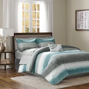 9 Piece Comforter Set, Bed in a Bag, Watercolor Print Coastal Comforter & Chambray Cotton Sheet Set, All Season Bedding Set