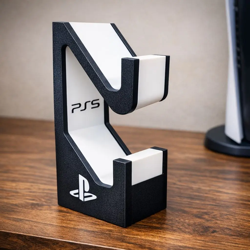 Vertical DualSense Controller Stand (2-Controller Capacity), Premium Textured Black Gaming Accessories, Aesthetic Minimalist Decluttering Desk Organizer, Space-Saving Holder with Logo