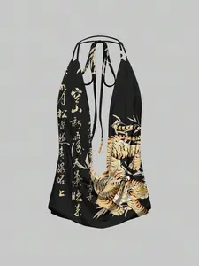 Summer Vacation Outfit Avant Spring/Summer Beach Carnival Casual Graphic White New Chinese Style Dark Calligraphy Tiger Sexy Lace-Up Backless Halter Neck Women Tank Top