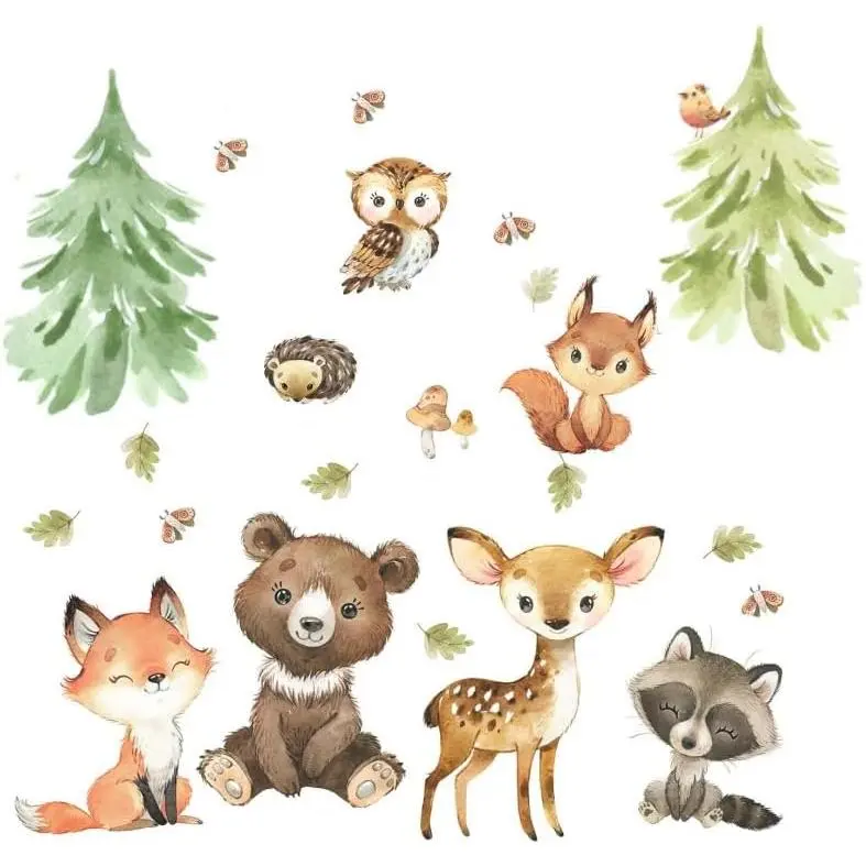 X-WPA14 Flat Vinyl Contemporary Woodland Decorative Wall Decals - Peel-and-Stick Light Animal Stickers for Boys' Baby Nursery, Thanksgiving/Earth Day/Mother's Day Decor - Easy-Remove Forest Bear Fox Owl Raccoon Accents