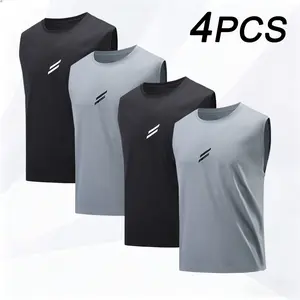 4-pack men’s casual athletic tank tops, quick-dry sleeveless shirts, suitable for summer gym, running, and training, crew neck, polyester, black/white/blue/green, sportswear#SummerVibes