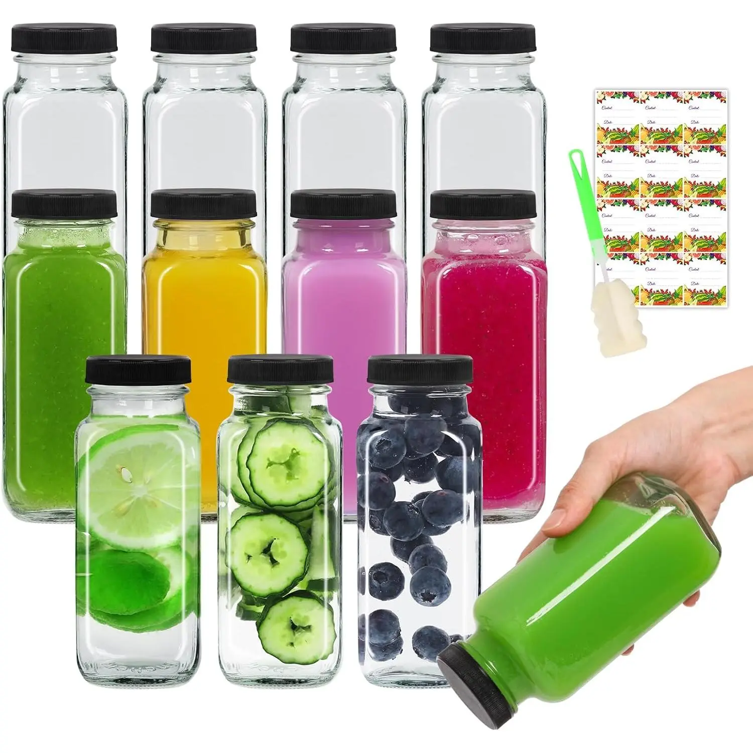 8 oz Glass Bottles with Lids 12Pack, 250ml Glass Bottles for Juicing, Water, Kombucha - Portable Glass Juicing Bottles Reusable Glass 8oz (8fl.oz, Set of 12)
