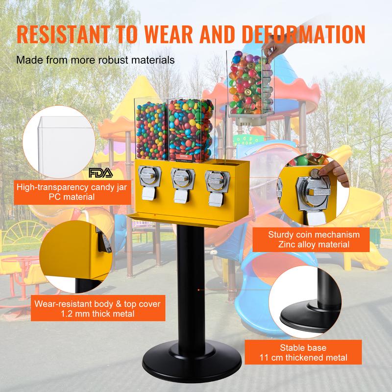 VEVOR Commercial Vending Machine,  , Triple Compartment Candy Dispenser with Iron Stand, Gumball and Candy Machine for Business, Coin Operated Gumball Bank for Toy Capsules Bouncy Balls Candy Nut, Yellow