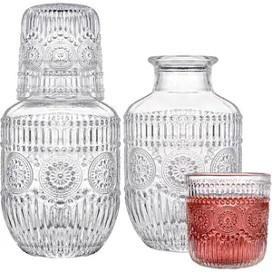 4-Piece Glass Bedside Carafe and Tumbler Set - 18 oz Water Pitcher & 5 oz Cup, Elegant Nightstand Carafe with Glass Lid for Bedroom, Guest Room, Office, and Bathroom