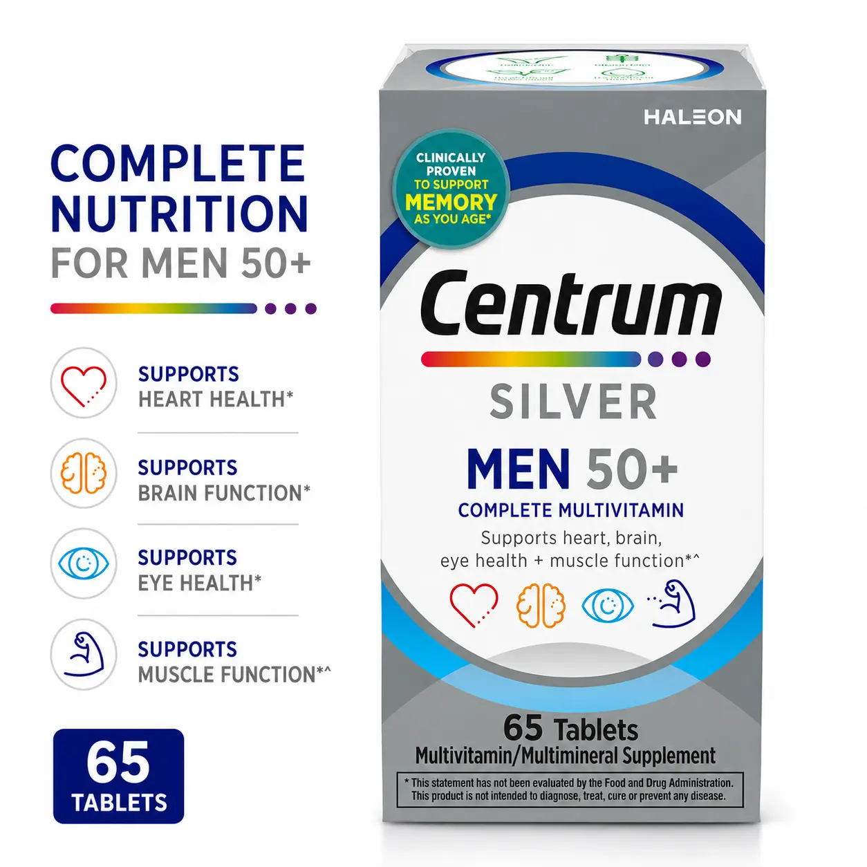 Centrum Silver Men 50 Plus Multivitamin, Vitamins B & D3, Zinc, Magnesium, Lutein, Daily Multimineral Supplement, 65 Tablets