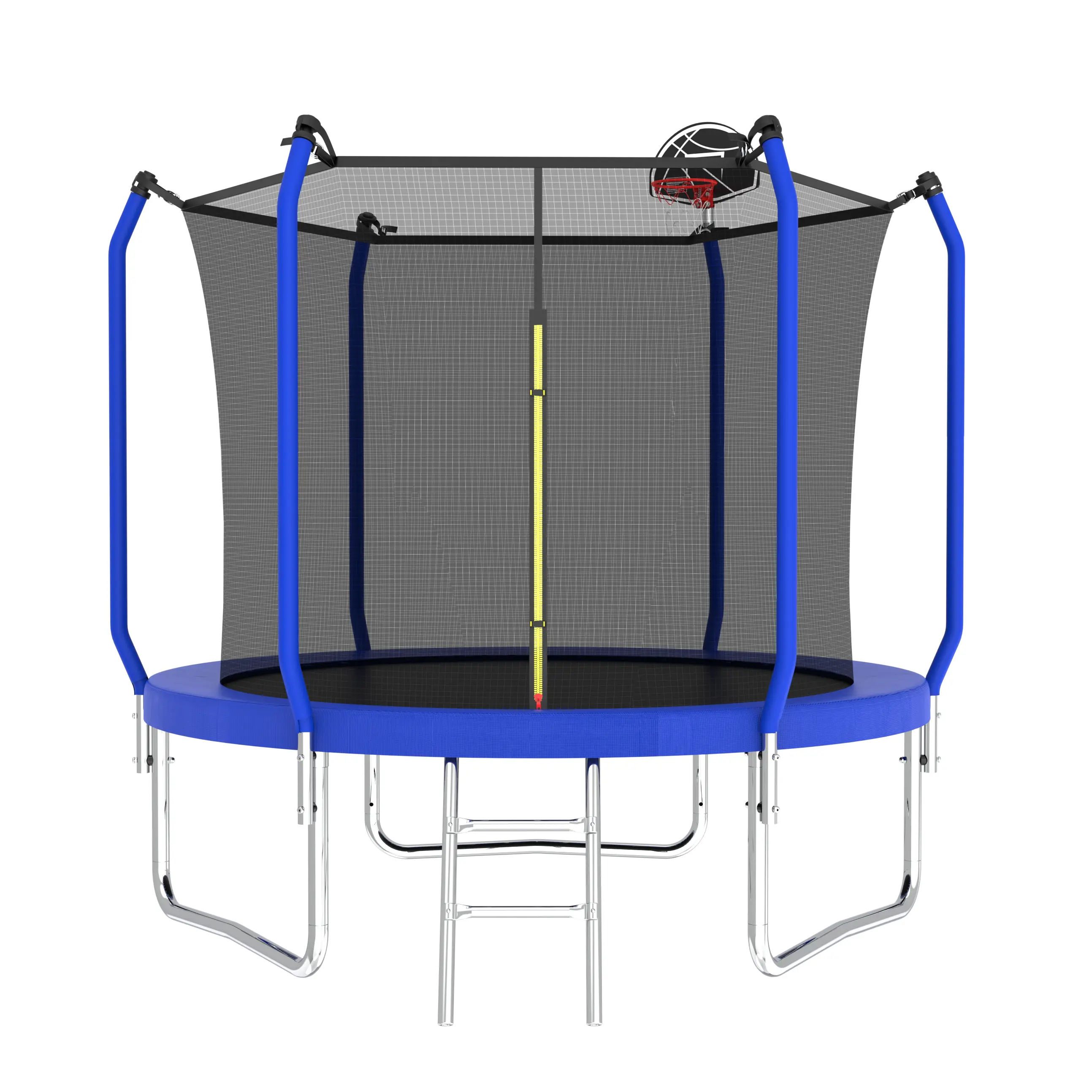 8FT Outdoor Trampoline for Kids with Safety Enclosure Net, Basketball Hoop, Ladder & 42 Springs, Round Backyard Recreational Trampoline for Family Outdoor Play, Blue
