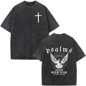 Christian Jesus Faith Over Fear Bible Verse Vintage Graphic Tee Fashion Oversized Acid Washed Tshirts Harajuku Cotton Crewneck  Casual Shortsleeve Menswear Top Streetwear Christian Clothing