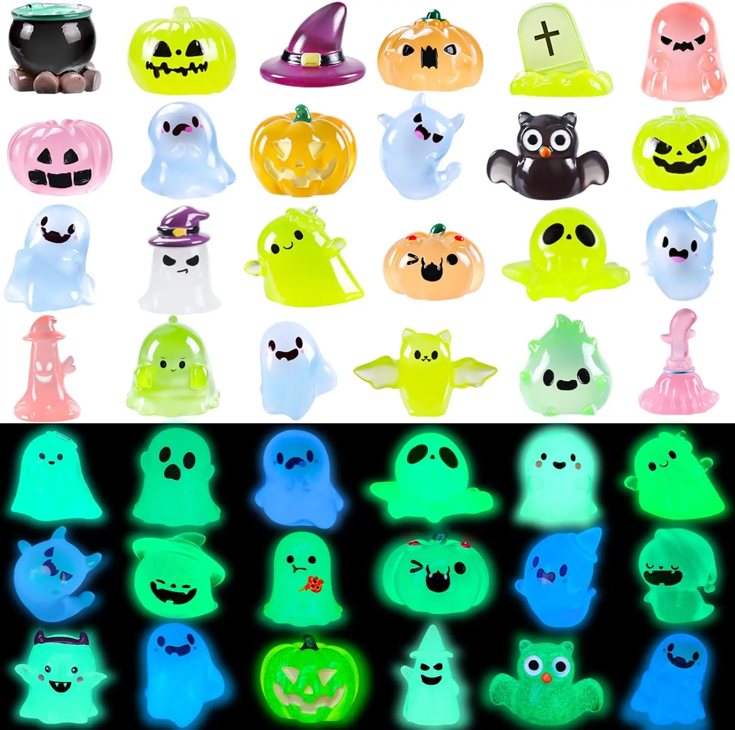 Cozy Fall Gifts 32PCS Halloween Luminous Mini Figures - 32 Styles Glow in The Dark Tiny Resin Miniatures - Pumpkin Skull for Party Favors, Bag Fillers, Garden, Dollhouse Decor