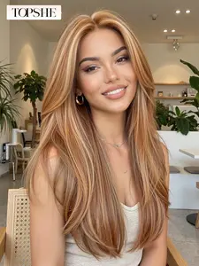 Women Medium Straight Hair Wig, with Gold Highlights, Layered Design, Heat-Resistant Fiber, Perfect for Daily Wear & Special Occasions, Straight Synthetic Wigs