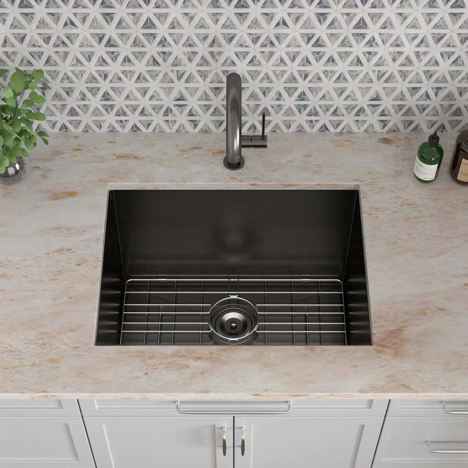 Kichae 24"w x 18"d x 12"h Industrial Rectangular Undermount Stainless Steel Laundry Sink - Durable Handmade Single Black Under Counter Utility Basin with Adjustable Bottom Rinse Grid, Drain Strainer for Glam Laundry Rooms