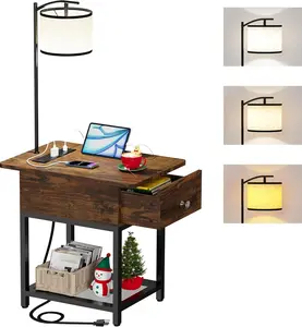 Floor Lamp with Table, Side Table with Lamp Attached, Narrow End Table with LED Lights and Charging Station, Nightstand with Wood Drawer for Living Room, Bedroom, Rustic Brown