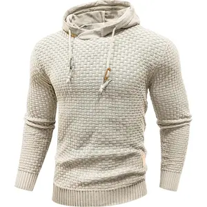 Mens Hooded Sweatshirt Long Sleeve Solid Knitted Hoodie Pullover Sweater