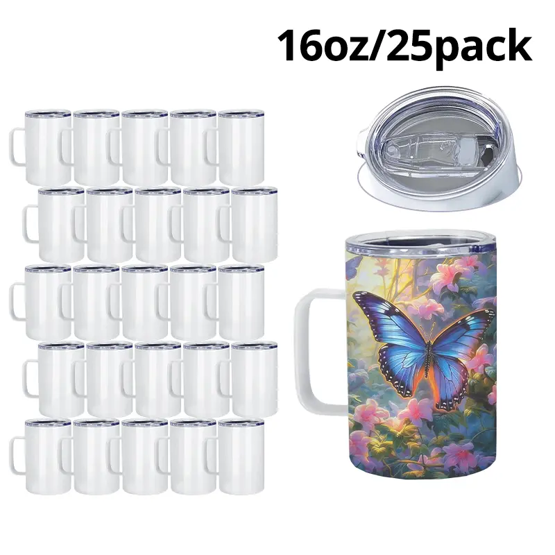 Crafix 25-Pack 16oz Sublimation Stainless Steel Tumbler Mugs - Double-Walled, Portable, Heatproof, with Handle & Lid, Modern Coffee Flasks, Customizable Blank Insulated Bottle for Home, Travel,summerwins