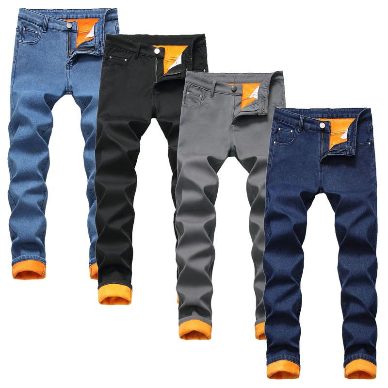 Men's Slim-Fit Winter Warm Fleece Core High-Stretch Cotton Polyester Jeans - Menswear, Casual Plain Non-Distressed Jeans, Durable Denim Bottoms, Smooth Feel, Zipper Closure, Pockets, Straight Cut, Clubbing Ready