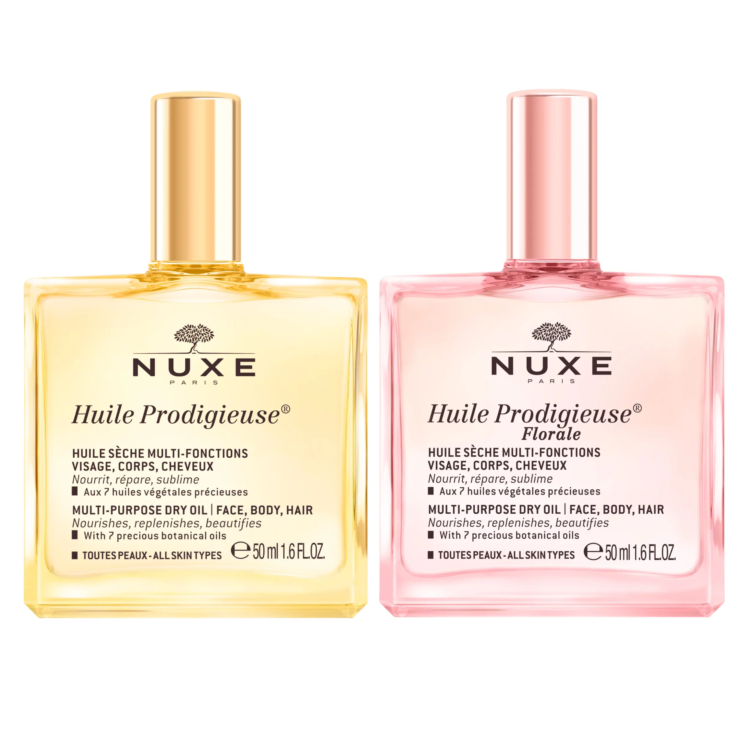 NUXE Huile Prodigieuse Dry Oil Duo, Original & Florale, Face, Body & Hair, 2 x 1.6 Fl Oz