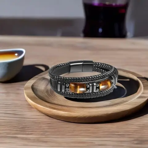 Men's Rugged Classic Tiger Eye Crystal Bracelet - 8" Length Adjustable Matte Leather Back, Handmade High Quality Smooth Stackable Costume Jewelry, Confidence Boost Father's Day Gift