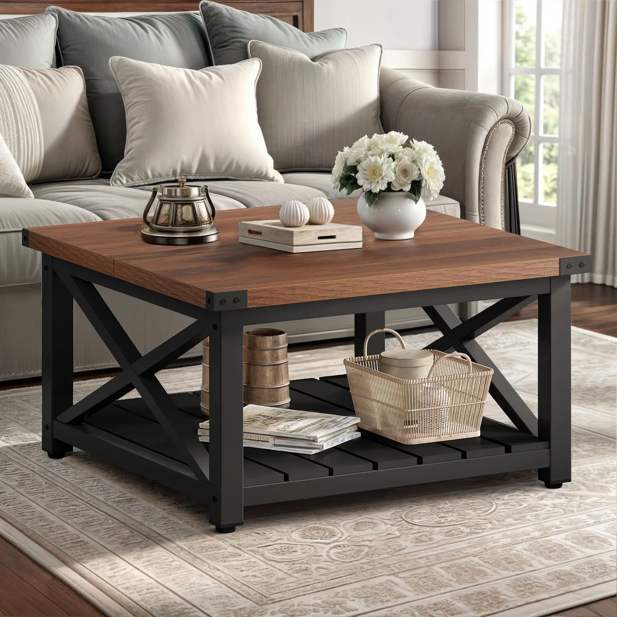 YITAHOME Farmhouse Coffee Table,Square Coffee Table for Living Room, Vintage Living Room Table with Shelf, Coffee Table with Storage