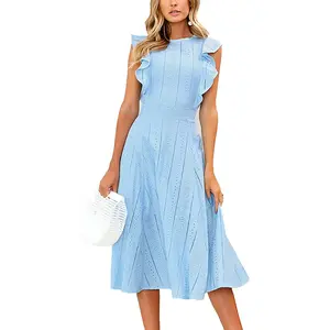 ECOWISH Women's Summer Dresses 2025 Elegant Lady Wedding Guest Cocktail Ruffle Cap Sleeves A-Line Office Midi Dress